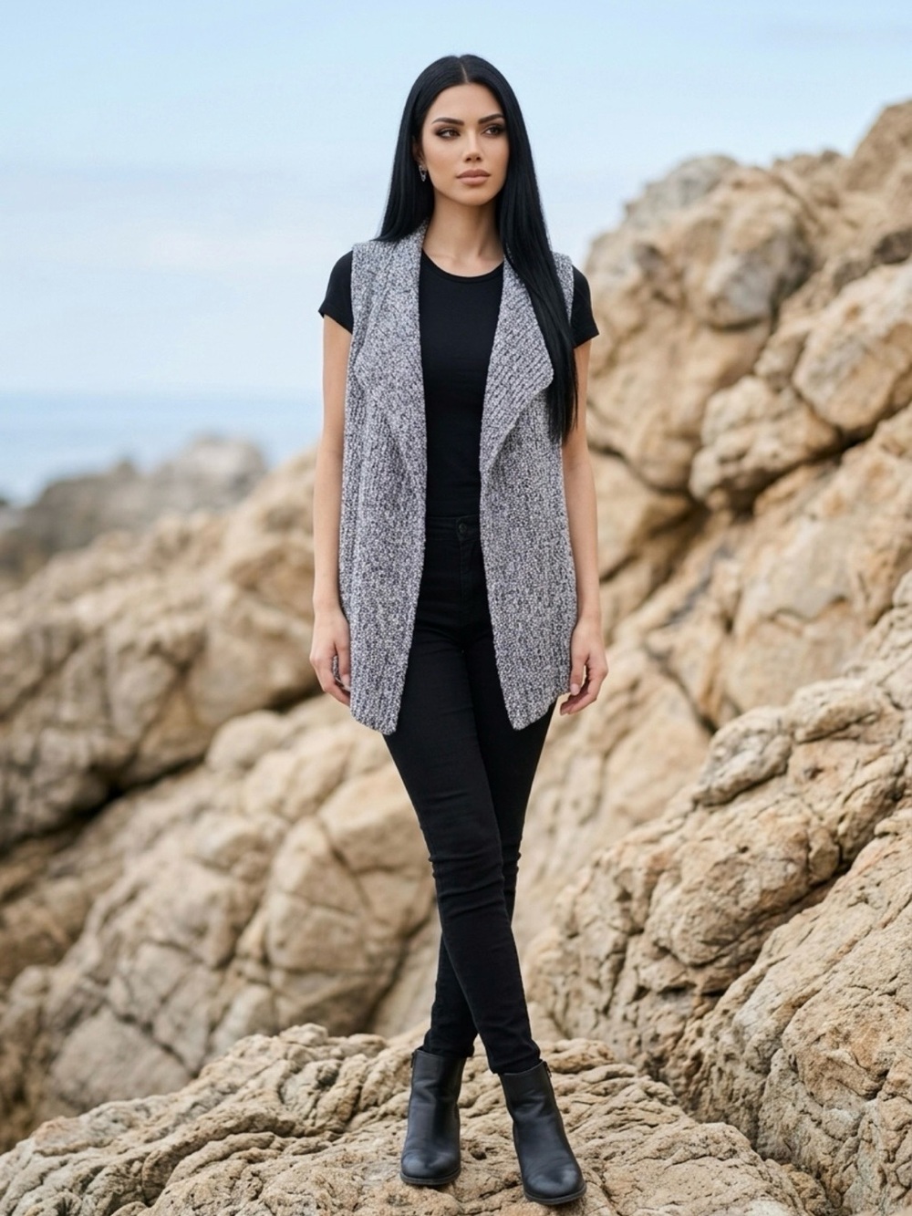 LOFT Grey Sleeveless Draped Open-Front Vest